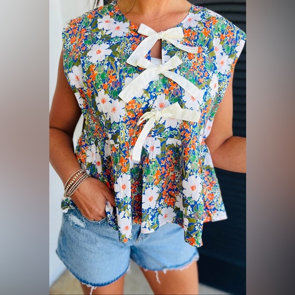 entro Tops - Entro Boutique Floral Sleeveless Bow Peplum Top Shirt T24095 Medium Blue Orange